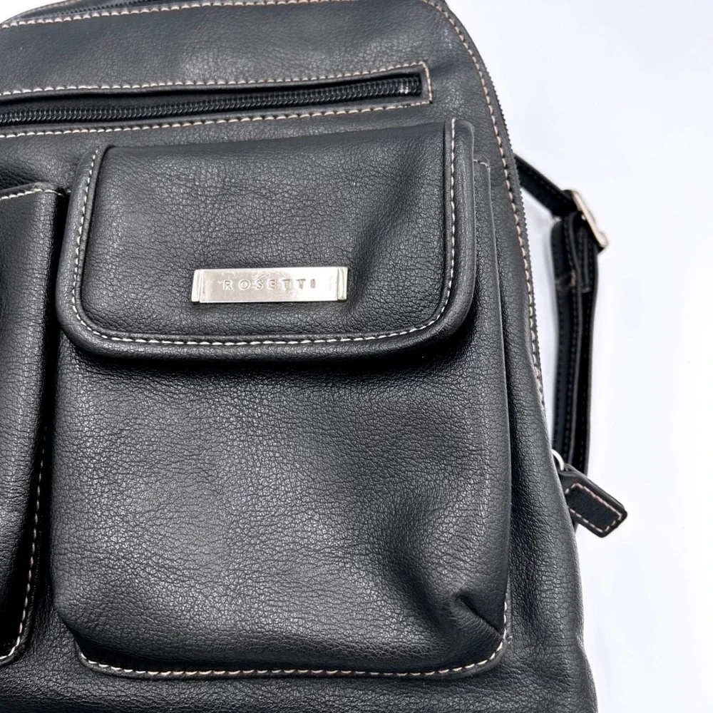 Rosetti Women's Black Leather Backpack Multi Pocket Contrast Stitch Bag Gorpcore